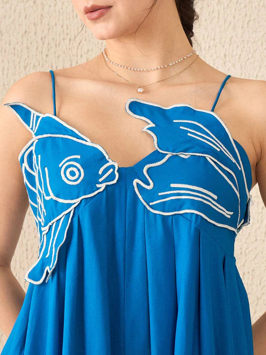 Fish Applique Cotton Maxi Dress